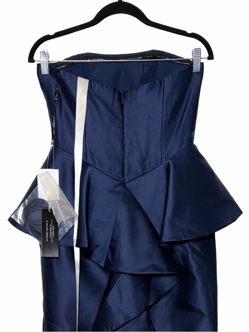 NWT Alfred Sung Strapless Ruffle Peplum Satin Column Gown in Midnight Navy, 2R - Picture 8 of 15